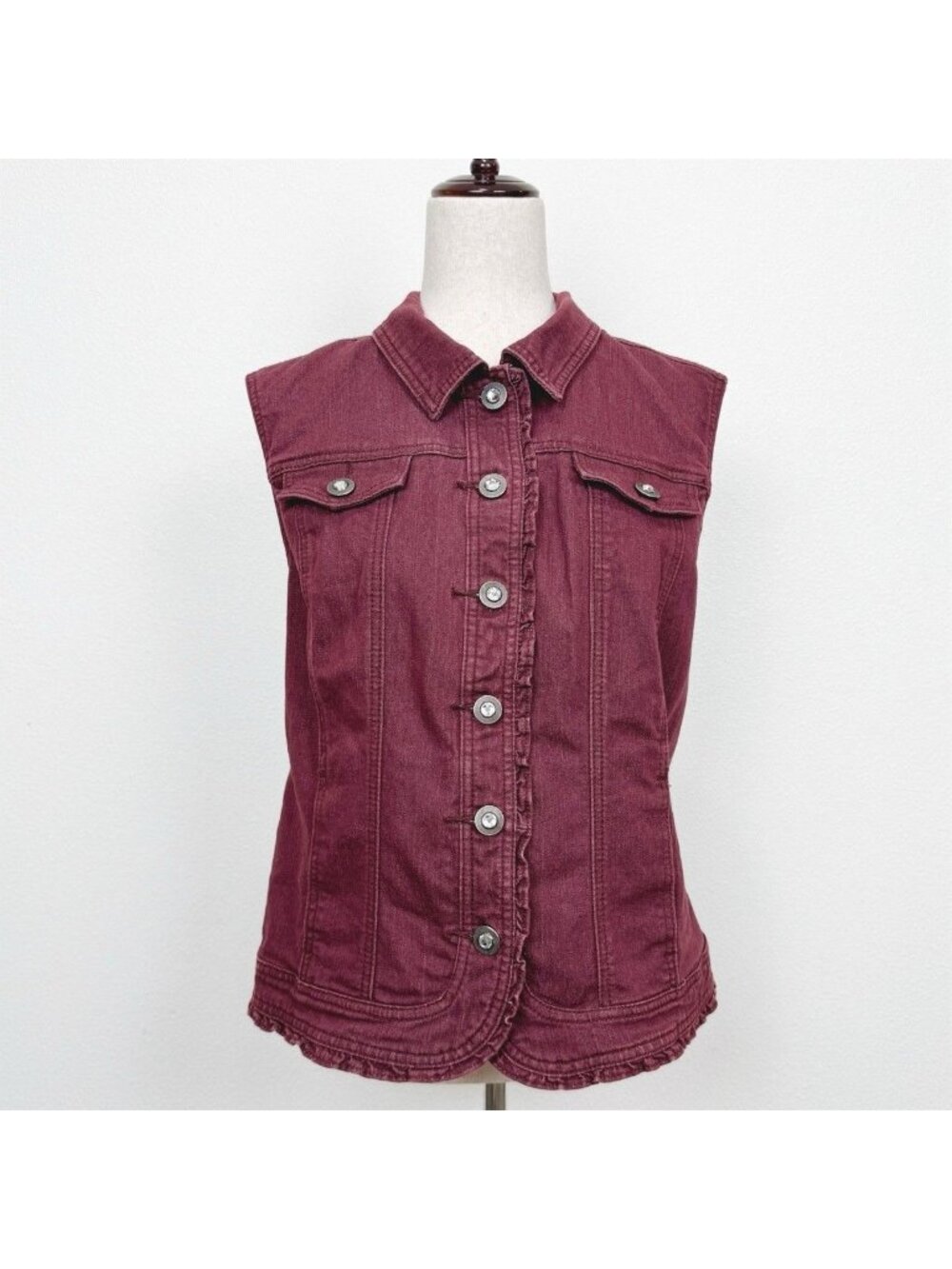 Christopher & Banks Burgundy Sleeveless Denim Vest With Button Front & Ruffle He